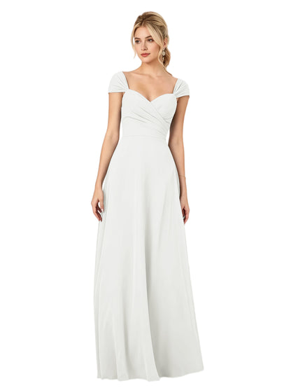 Pleated Off the Shoulder Chiffon A-Line Bridesmaid Dress with Lace-Up Back