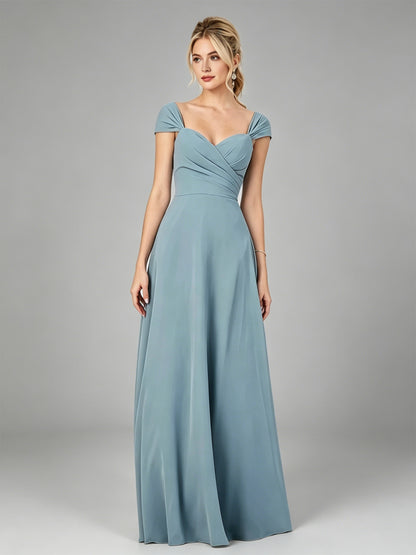 pleated off the shoulder chiffon bridesmaid dress