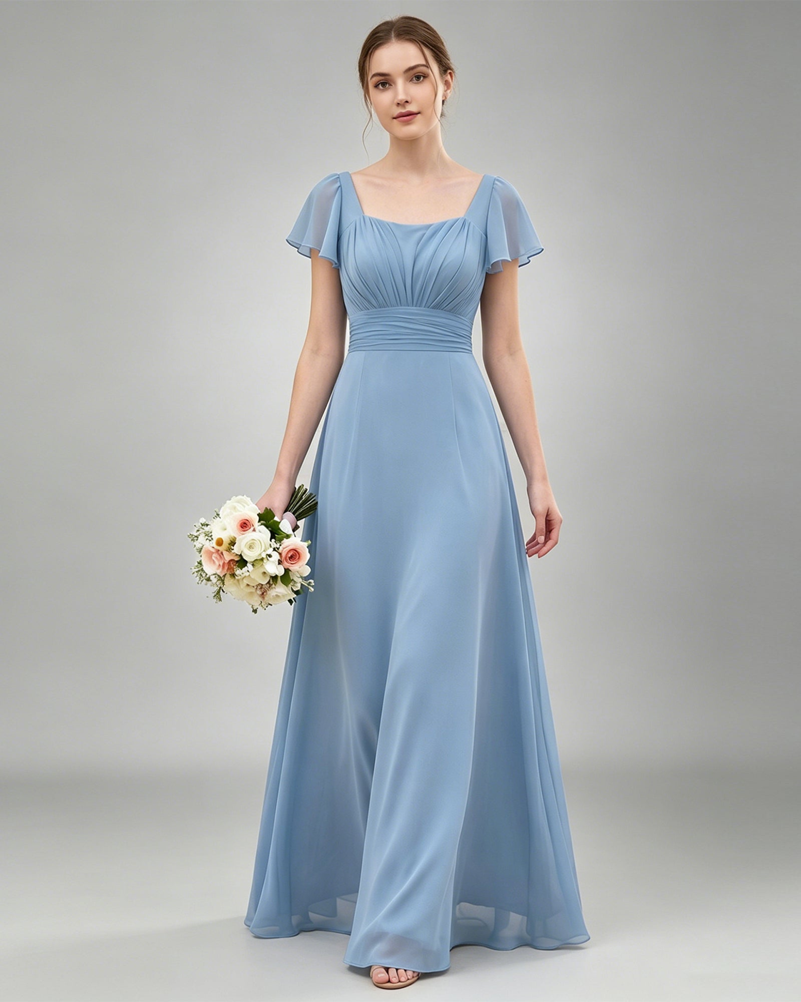 floor-length chiffon bridesmaid dress with square neckline, flutter sleeves, ruched waist, and flowing A-line skirt