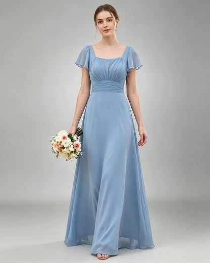 floor-length chiffon bridesmaid dress with square neckline, flutter sleeves, ruched waist, and flowing A-line skirt
