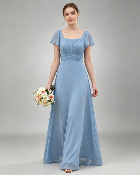 floor-length chiffon bridesmaid dress with square neckline, flutter sleeves, ruched waist, and flowing A-line skirt