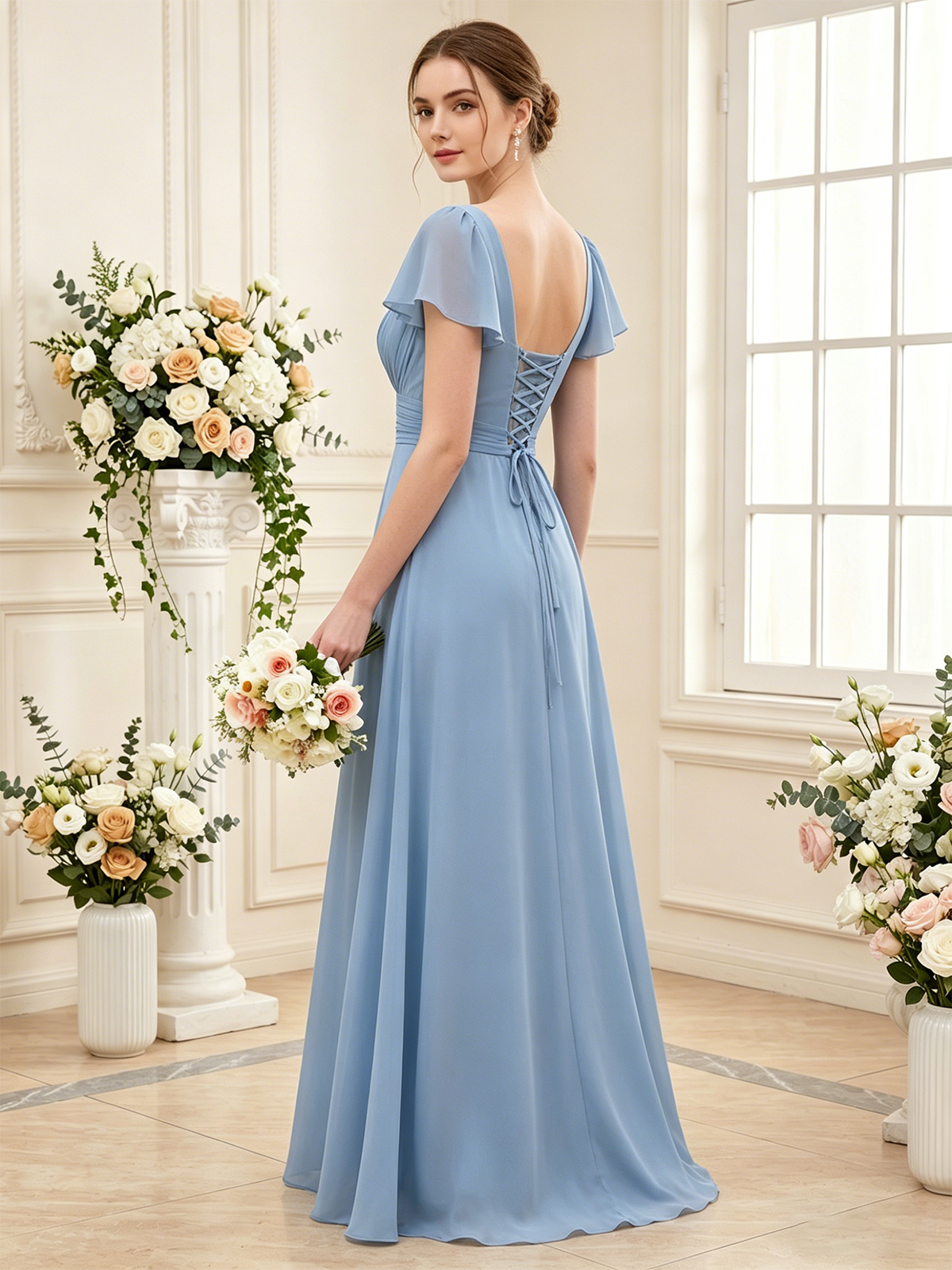 back view of chiffon bridesmaid dress with flutter sleeves, open back, and adjustable lace-up closure