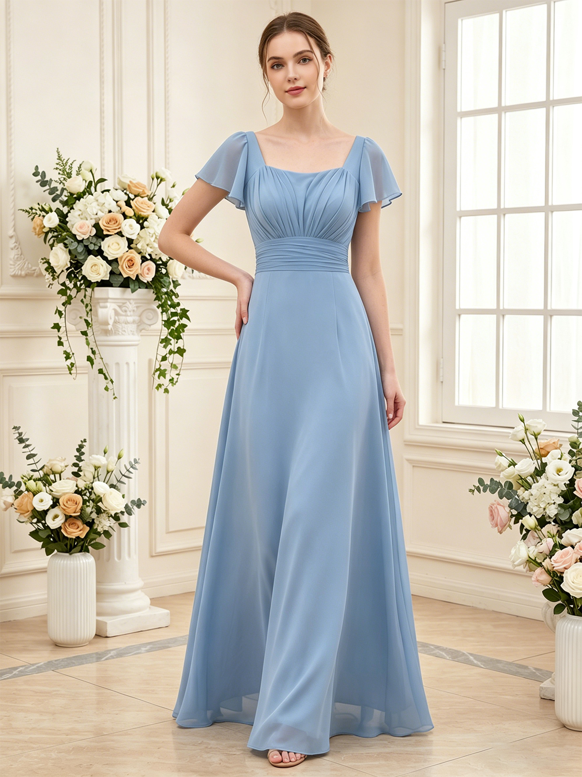 romantic chiffon bridesmaid gown with pleated bodice and square neckline for wedding party