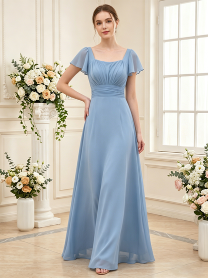romantic chiffon bridesmaid gown with pleated bodice and square neckline for wedding party