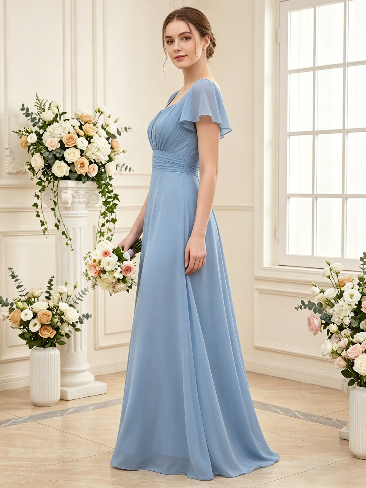 full length bridesmaid dress showing airy chiffon movement, fitted waist, and elegant formal silhouette