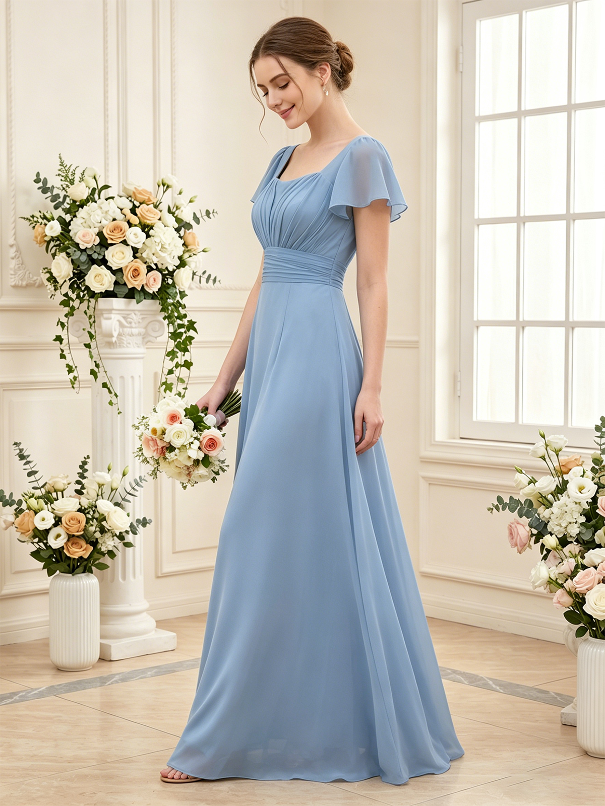 close view of flutter sleeve bridesmaid dress with ruched bodice and soft chiffon fabric