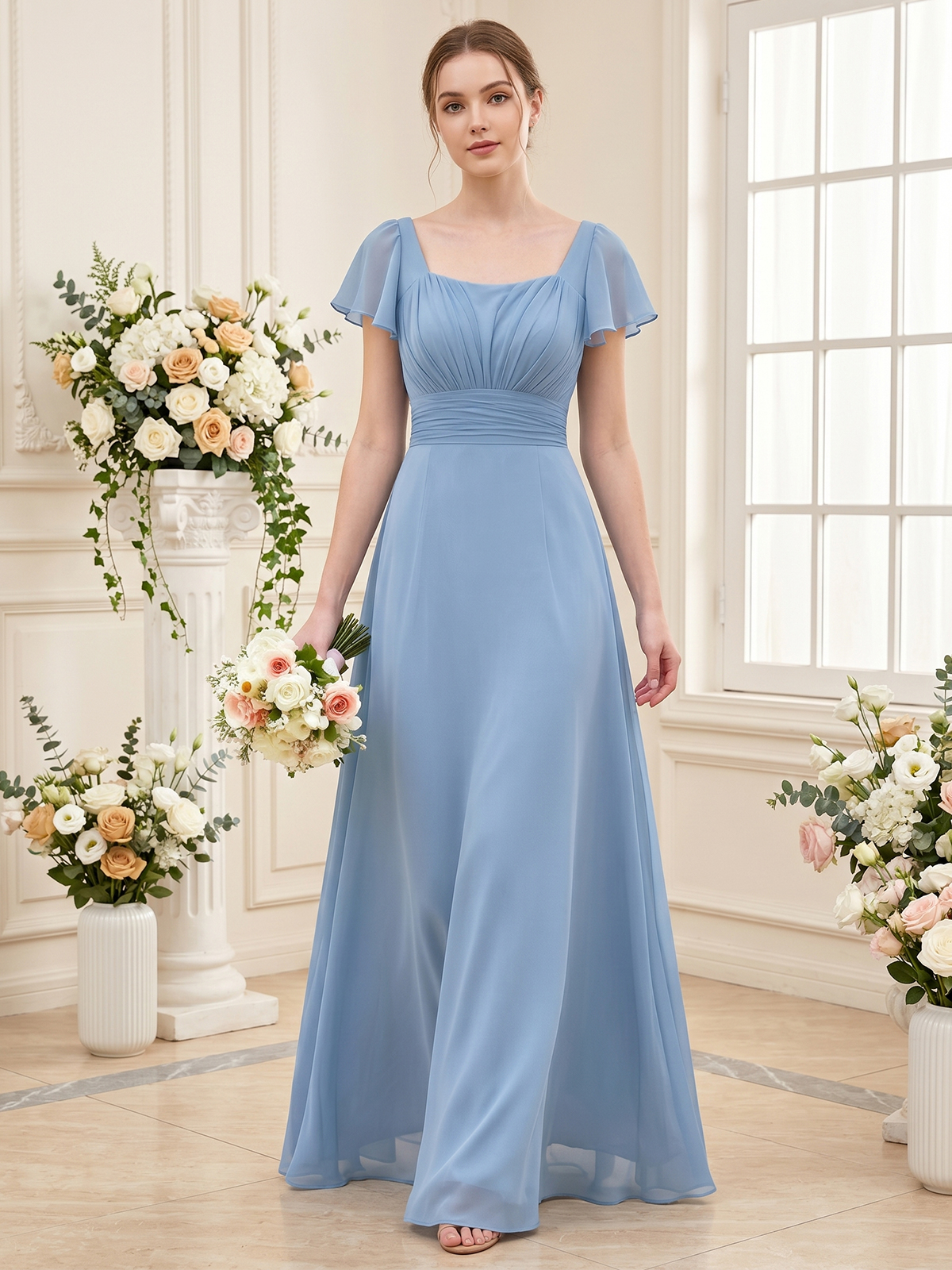 wedding party chiffon dress with lace-up back, square neckline, and graceful floor-length skirt
