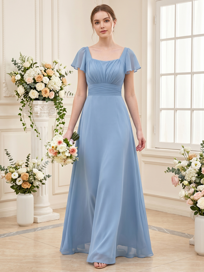 wedding party chiffon dress with lace-up back, square neckline, and graceful floor-length skirt