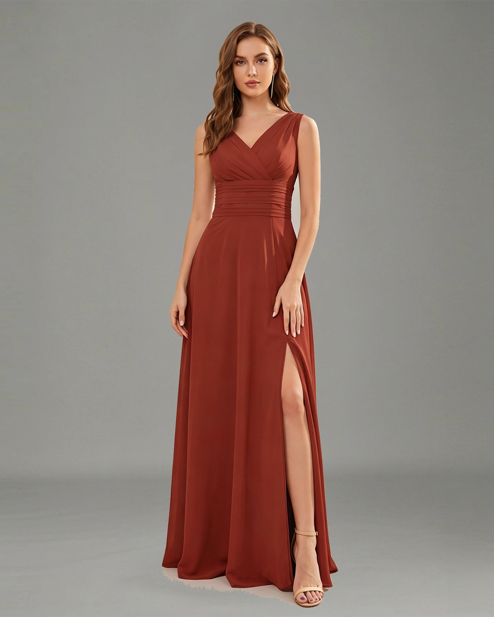 sleeveless V-neck chiffon bridesmaid dress with ruched waist, A-line skirt, and front slit