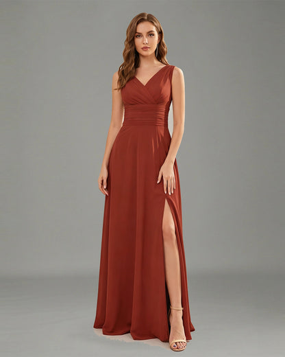 sleeveless V-neck chiffon bridesmaid dress with ruched waist, A-line skirt, and front slit