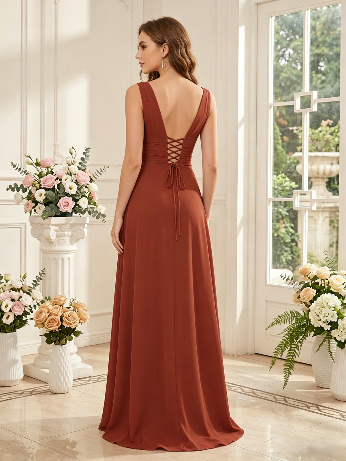 back view of V-neck bridesmaid dress with open V-back, waist detail, and flowing chiffon skirt