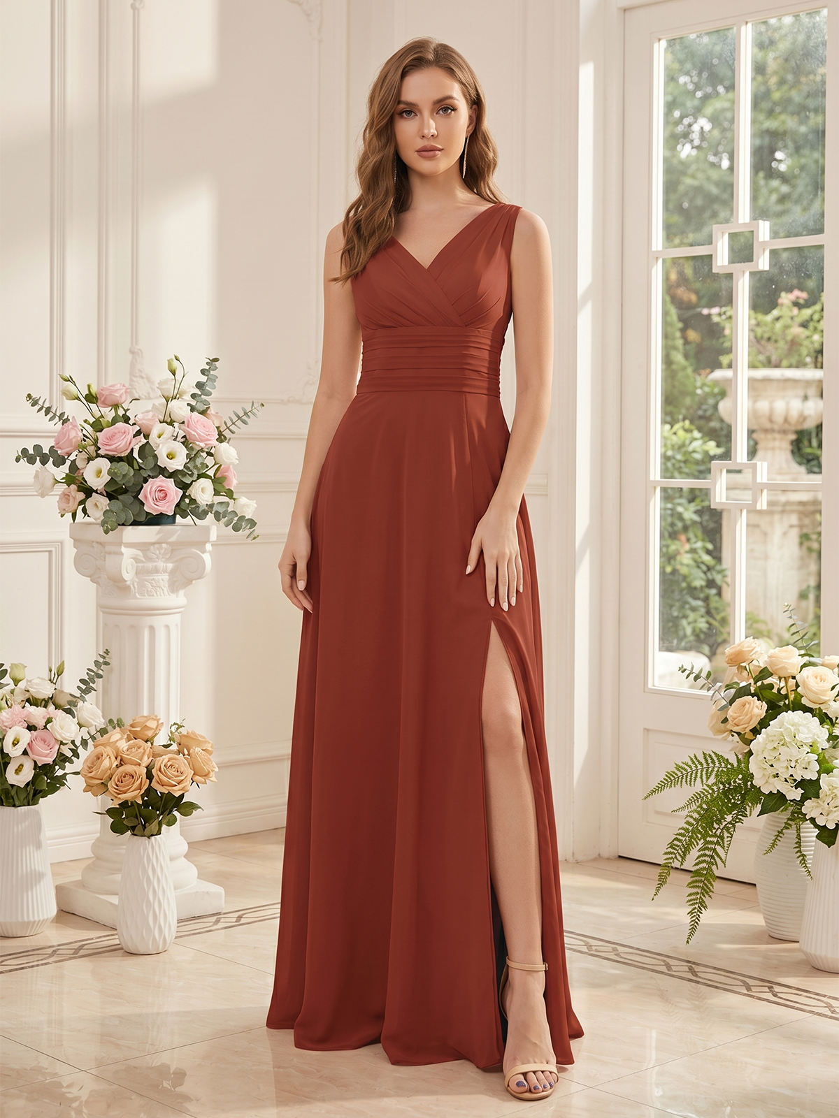 floor-length chiffon bridesmaid gown with pleated bodice and elegant side slit