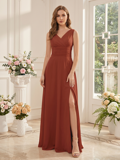 floor-length chiffon bridesmaid gown with pleated bodice and elegant side slit
