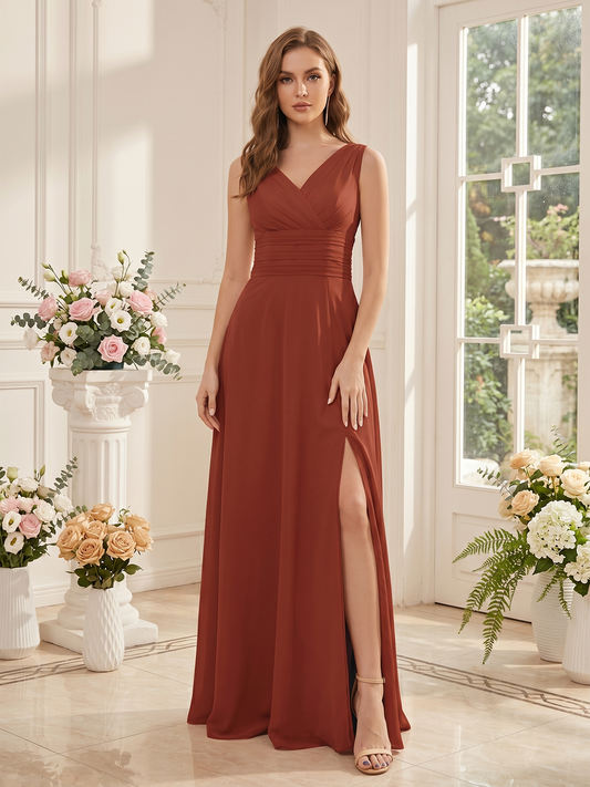 floor-length chiffon bridesmaid gown with pleated bodice and elegant side slit