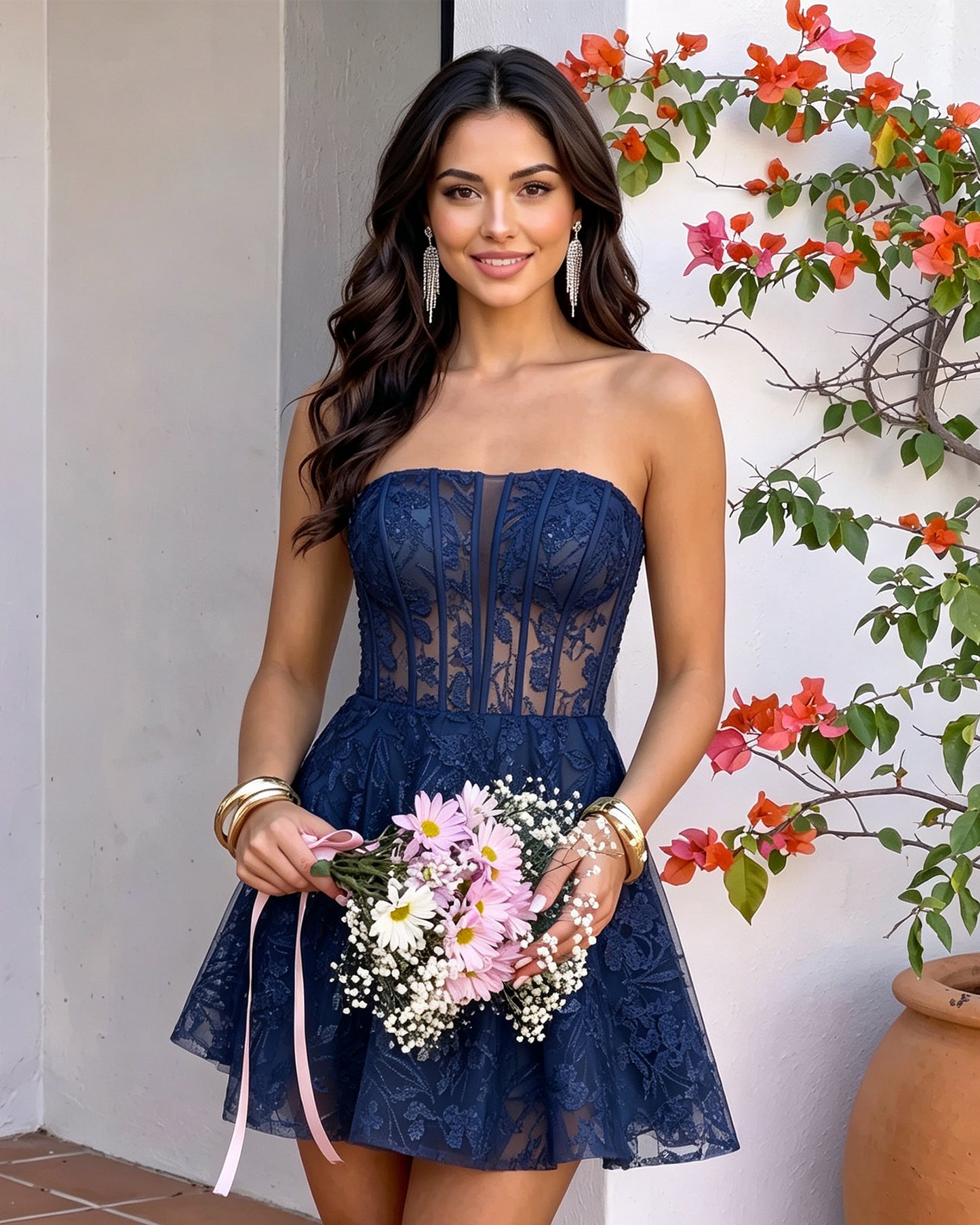 Strapless Floral Lace Corset A-Line Mini Homecoming Dress