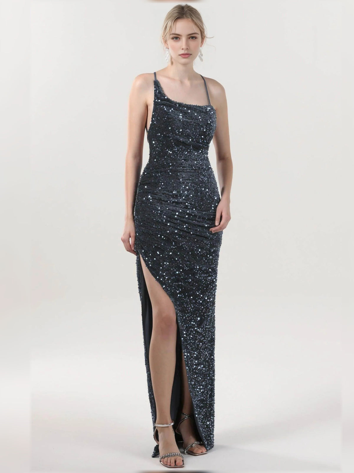 Cowl Neck Ruching Slit Floor-Length Sleek Formal Dress