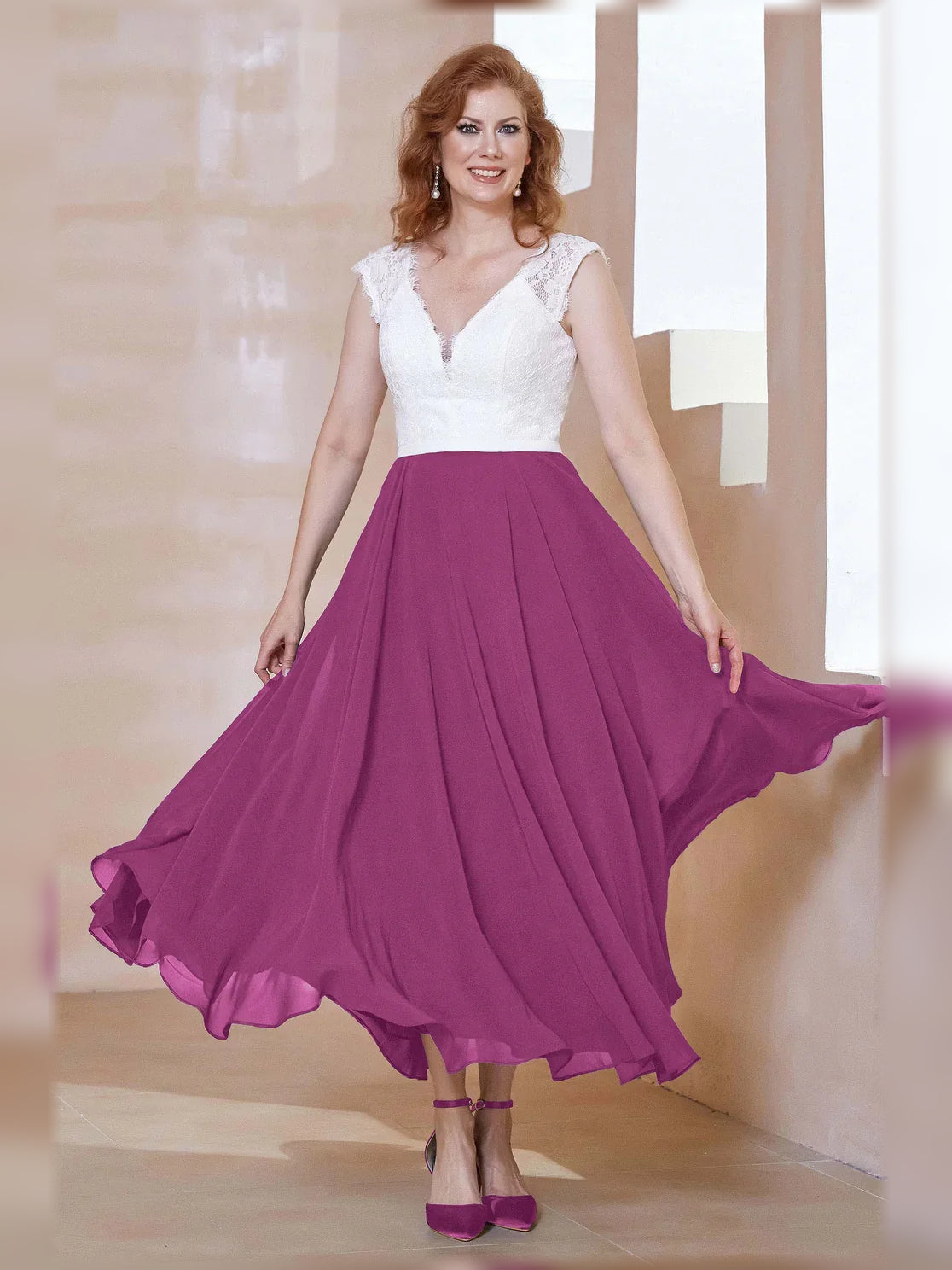 V Neck A-Line Midi Chiffon Mother of the Bride Dress for Ceremony Dinner