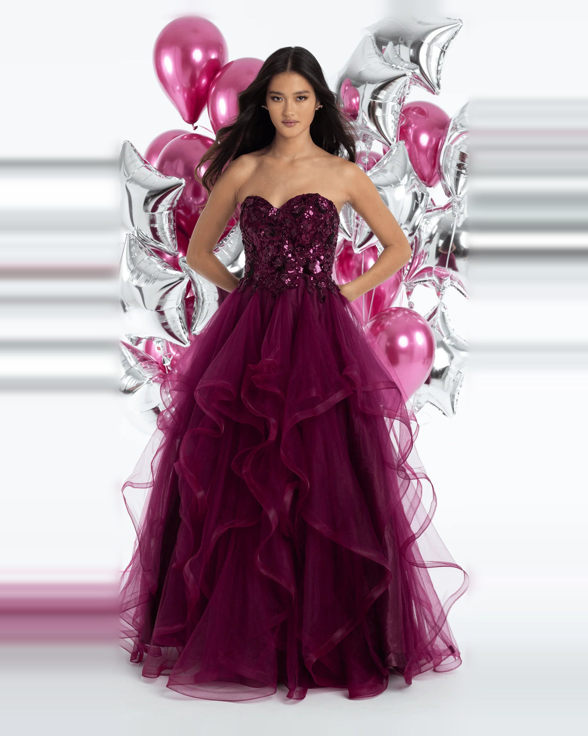 Tiered Sequin Sweetheart Ball-Gown Floor-Length Prom Dress for Evening Banquet