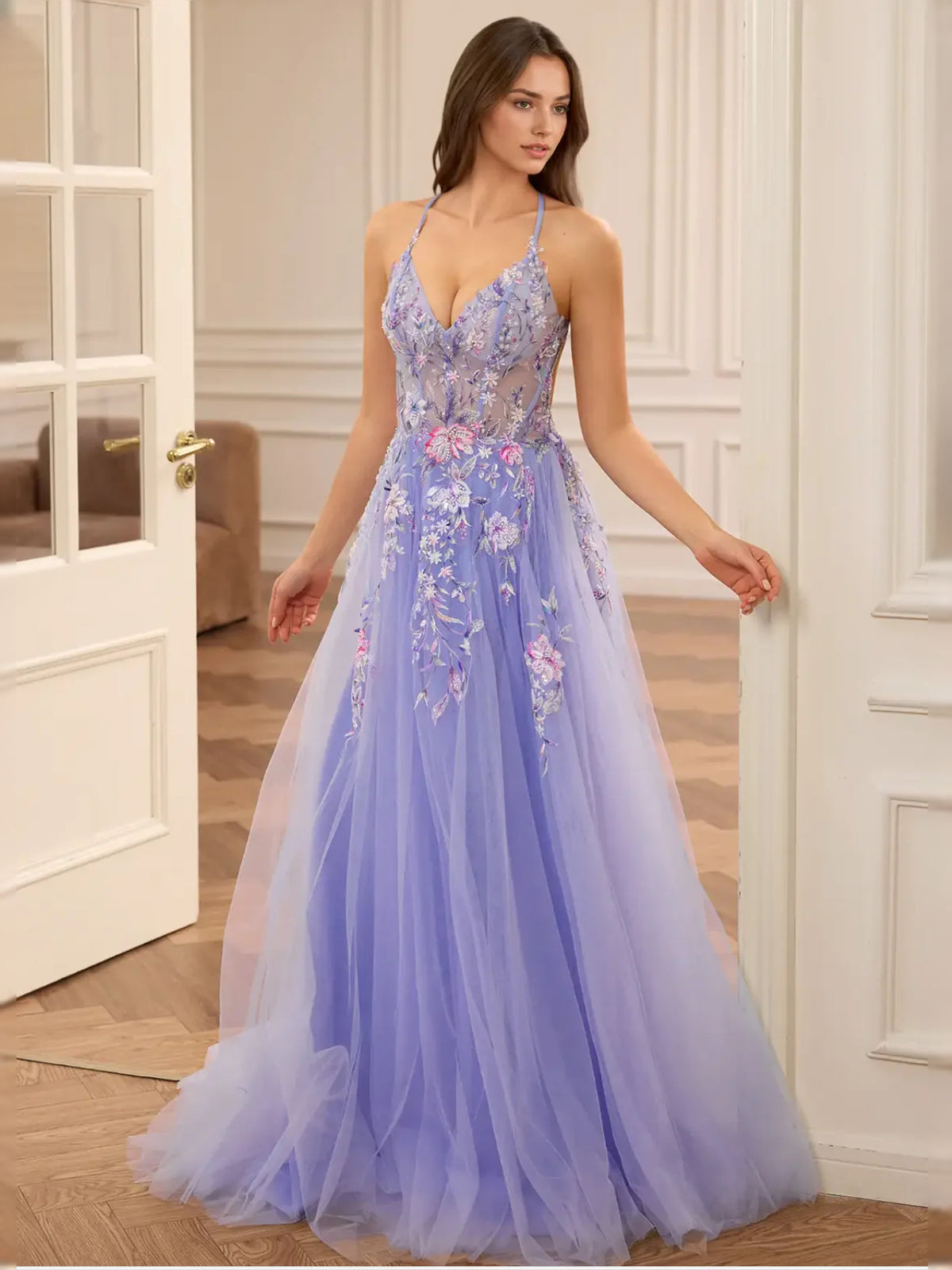 Corset Beaded V Neck A-Line Floor-Length Tulle Prom Dress for Charity Ball