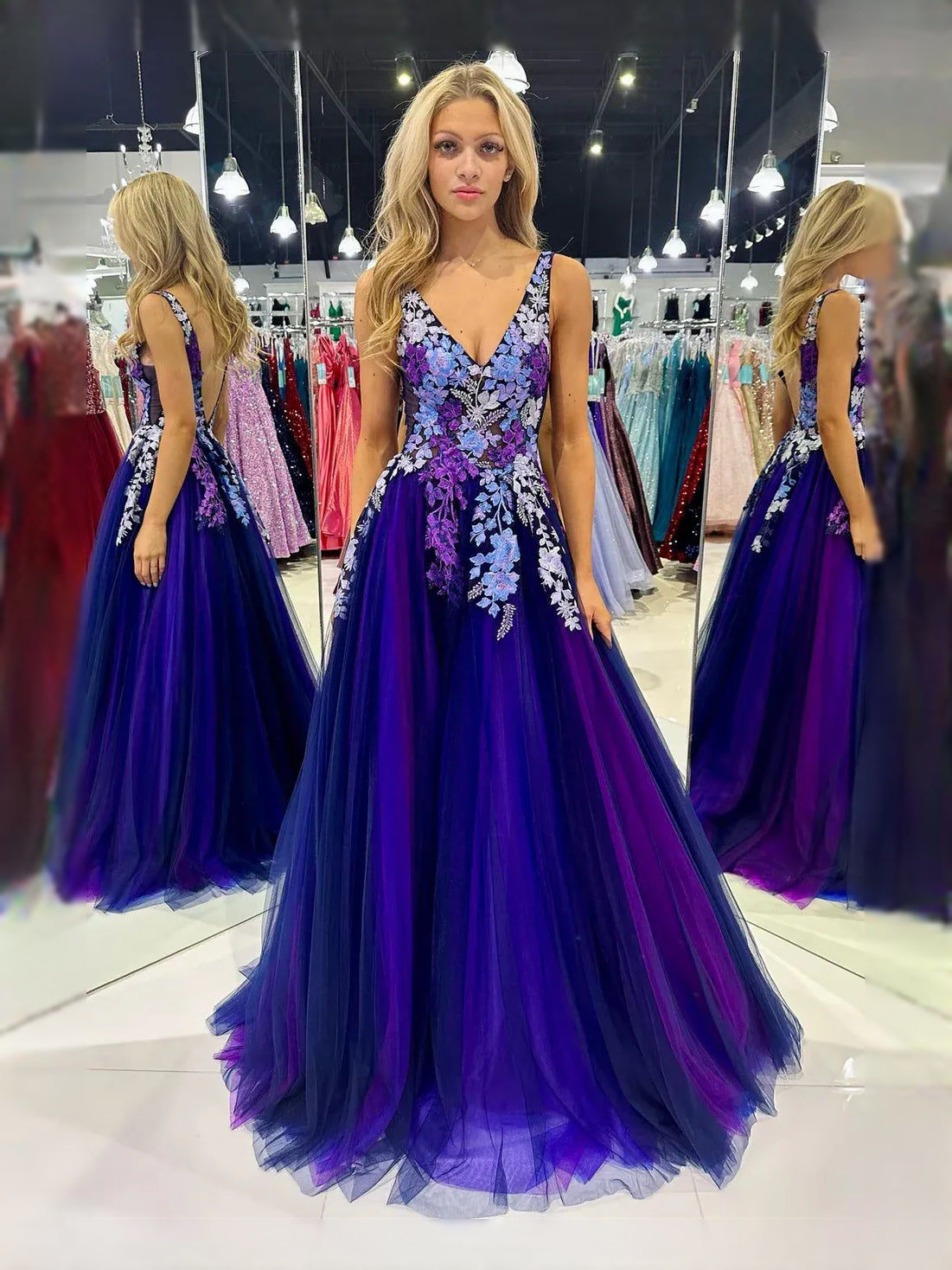 Purple Draped Embroidered Floral Backless V Neck A-Line Maxi Tulle Prom Dress for Winter Formal
