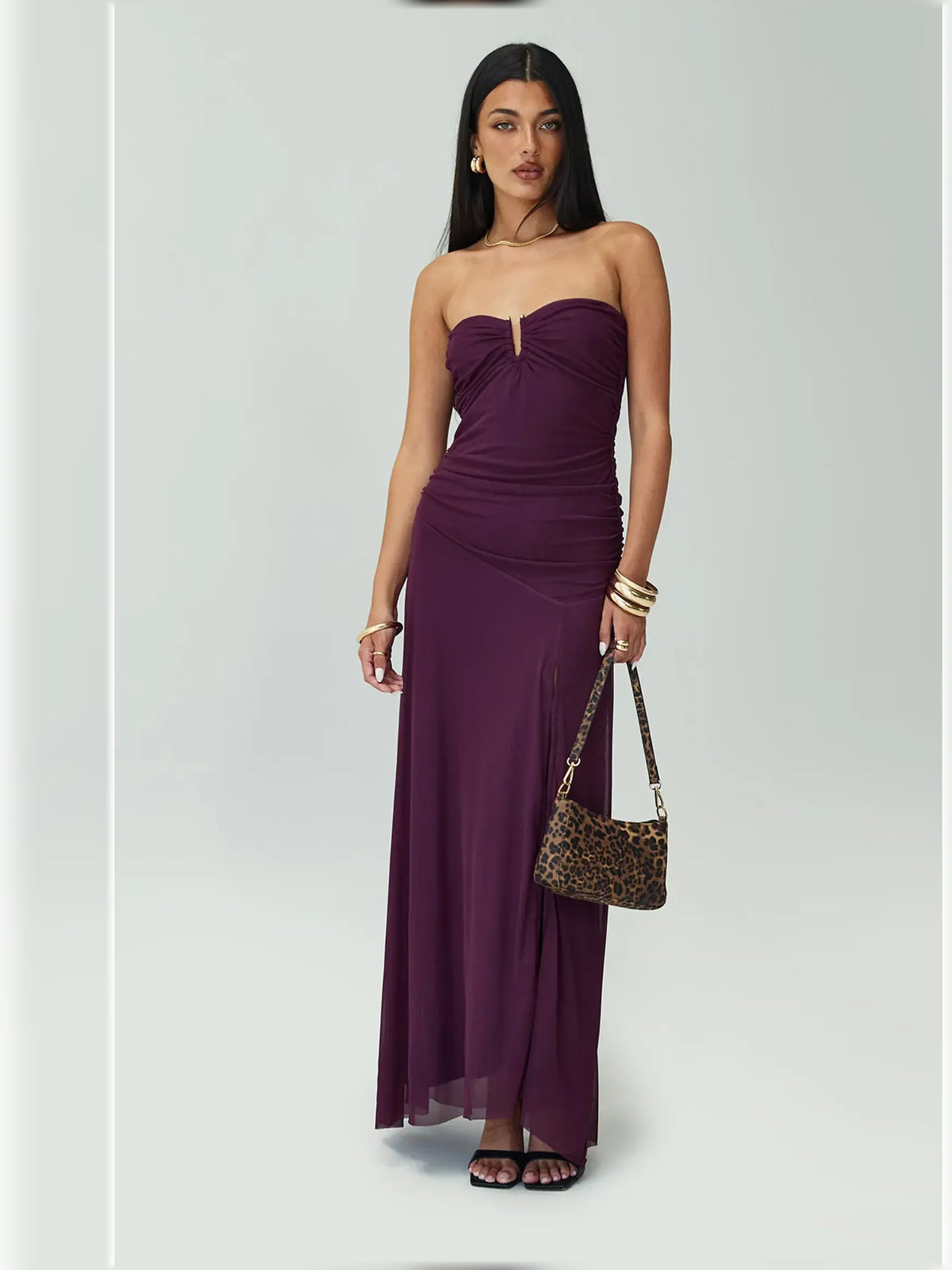 Strapless Ruching Slit Floor-Length Formal Dress
