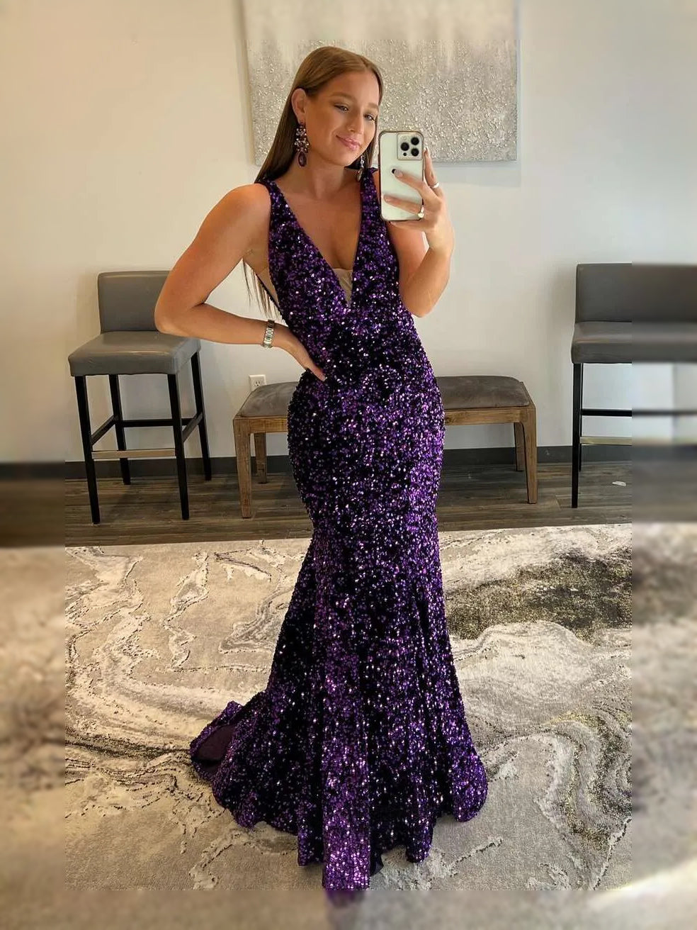 Draped Sequin Backless V Neck Mermaid Maxi Prom Dress for Evening Event