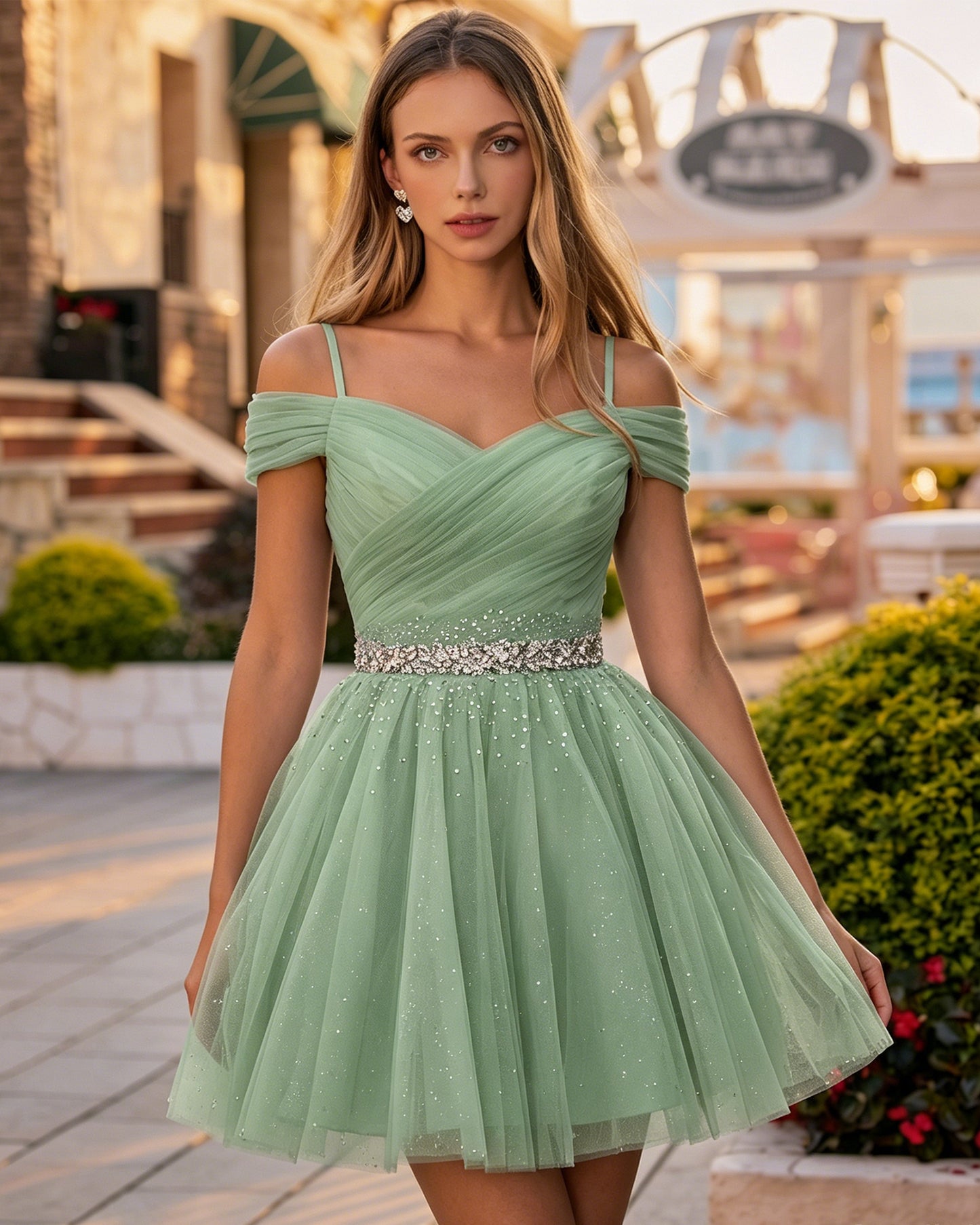 Off-Shoulder V-Neck Tulle Short Homecoming Dress with Beaded Waist