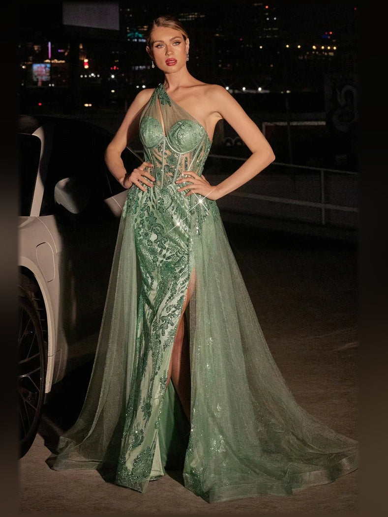 Floral Print One-Shoulder Corset Floor-Length Formal Dress