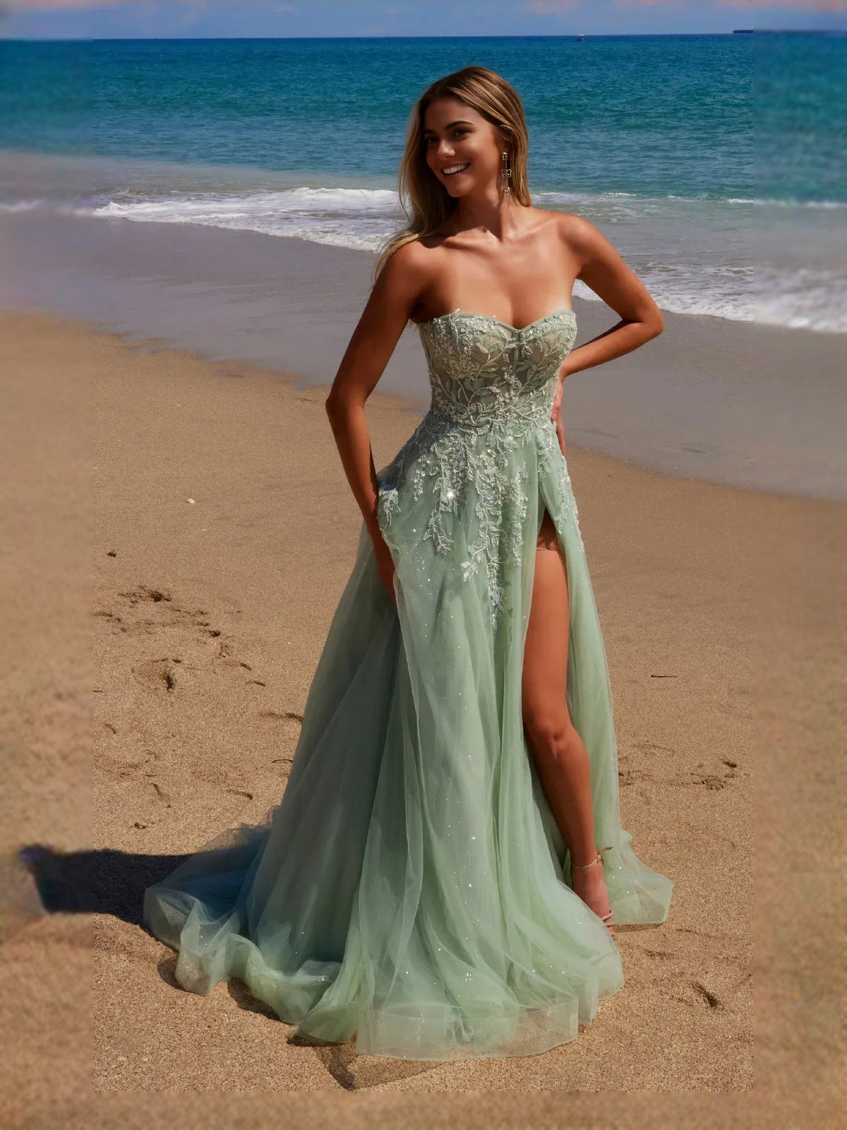 Draped Corset Floral Slit Sweetheart A-Line Maxi Tulle Prom Dress for Formal Party