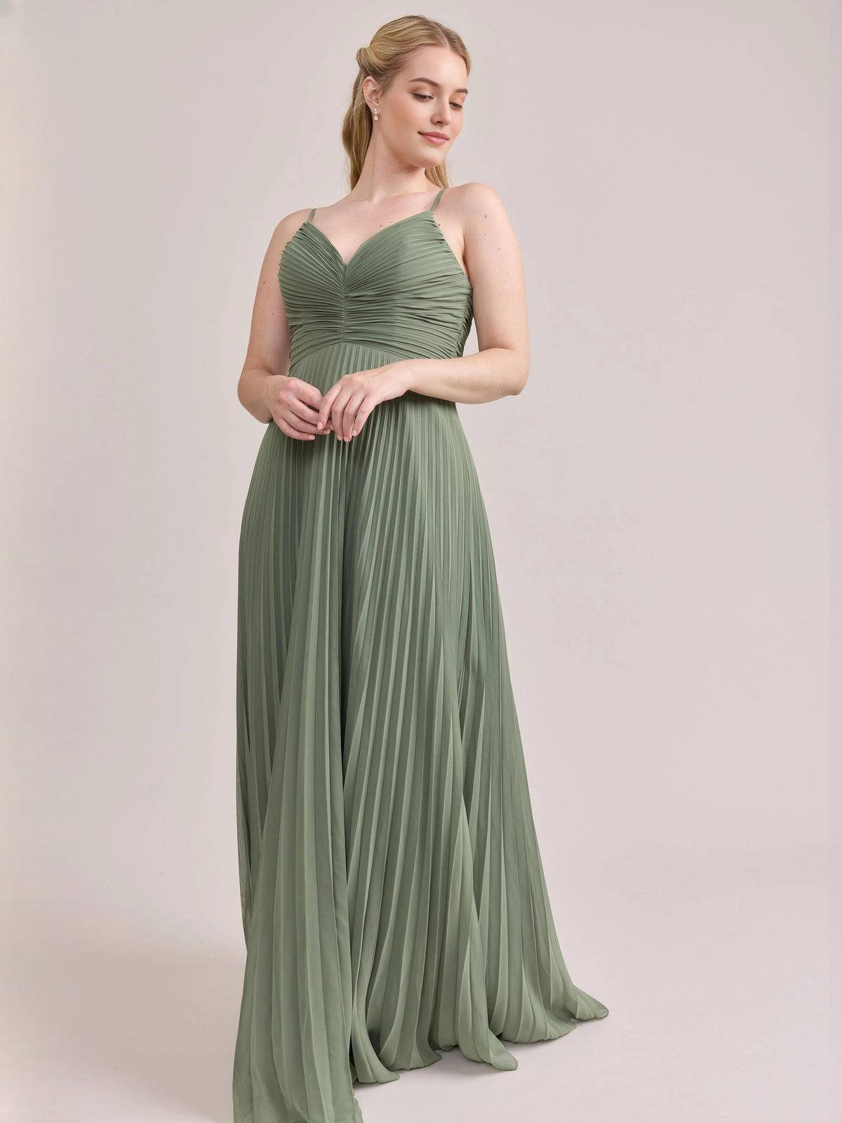 Pleated Corset V Neck A-Line Maxi Satin Bridesmaid Dress for Estate Wedding