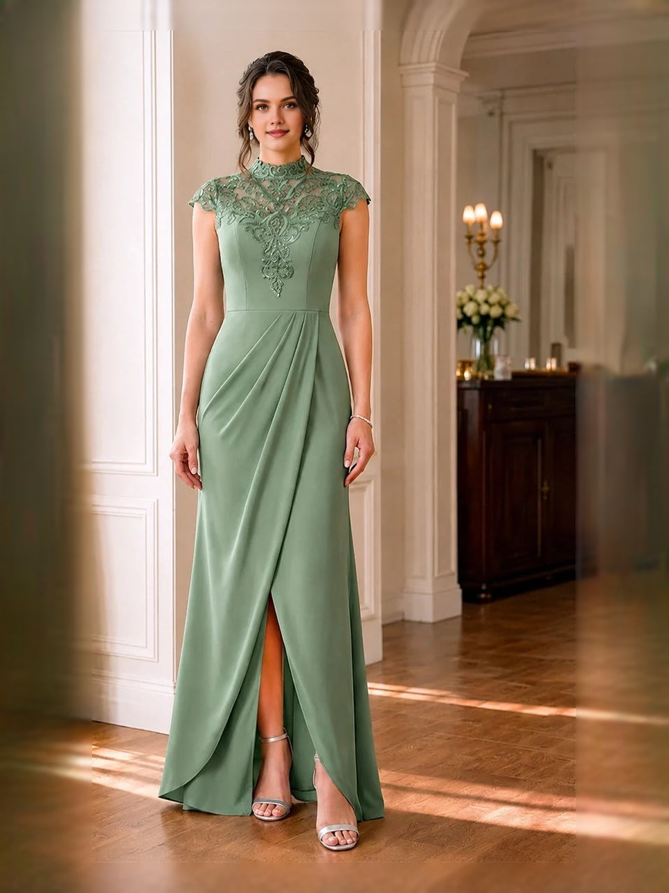 Draped Front-Slit Floral Slit High Neck A-Line Maxi Mother of the Bride Dress for Vineyard Wedding