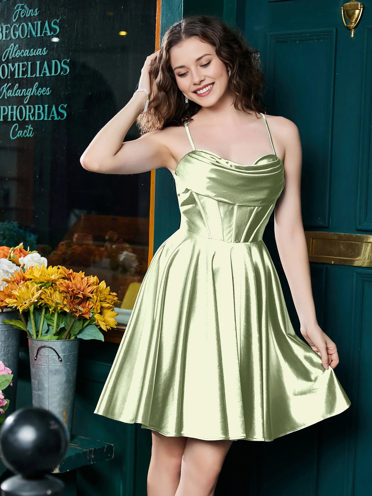 Corset Cowl Neck A-Line Mini Satin Homecoming Dress for Dinner Reception