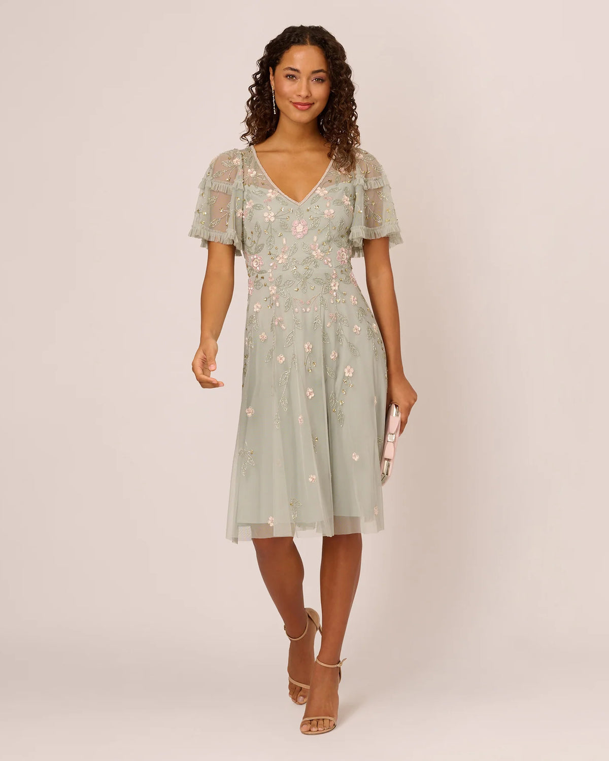 Tiered Ruffled V Neck A-Line Midi Mother of the Bride Dress for Wedding Celebration