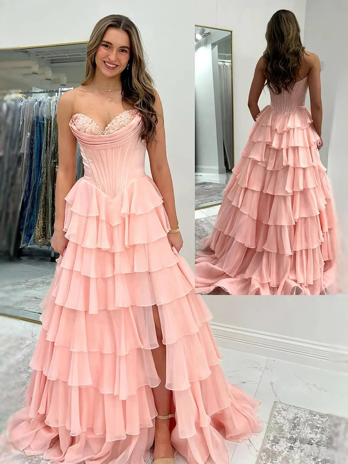Ruched Corset Ruffled Slit Strapless A-Line Floor-Length Tulle Prom Dress for Red Carpet Event