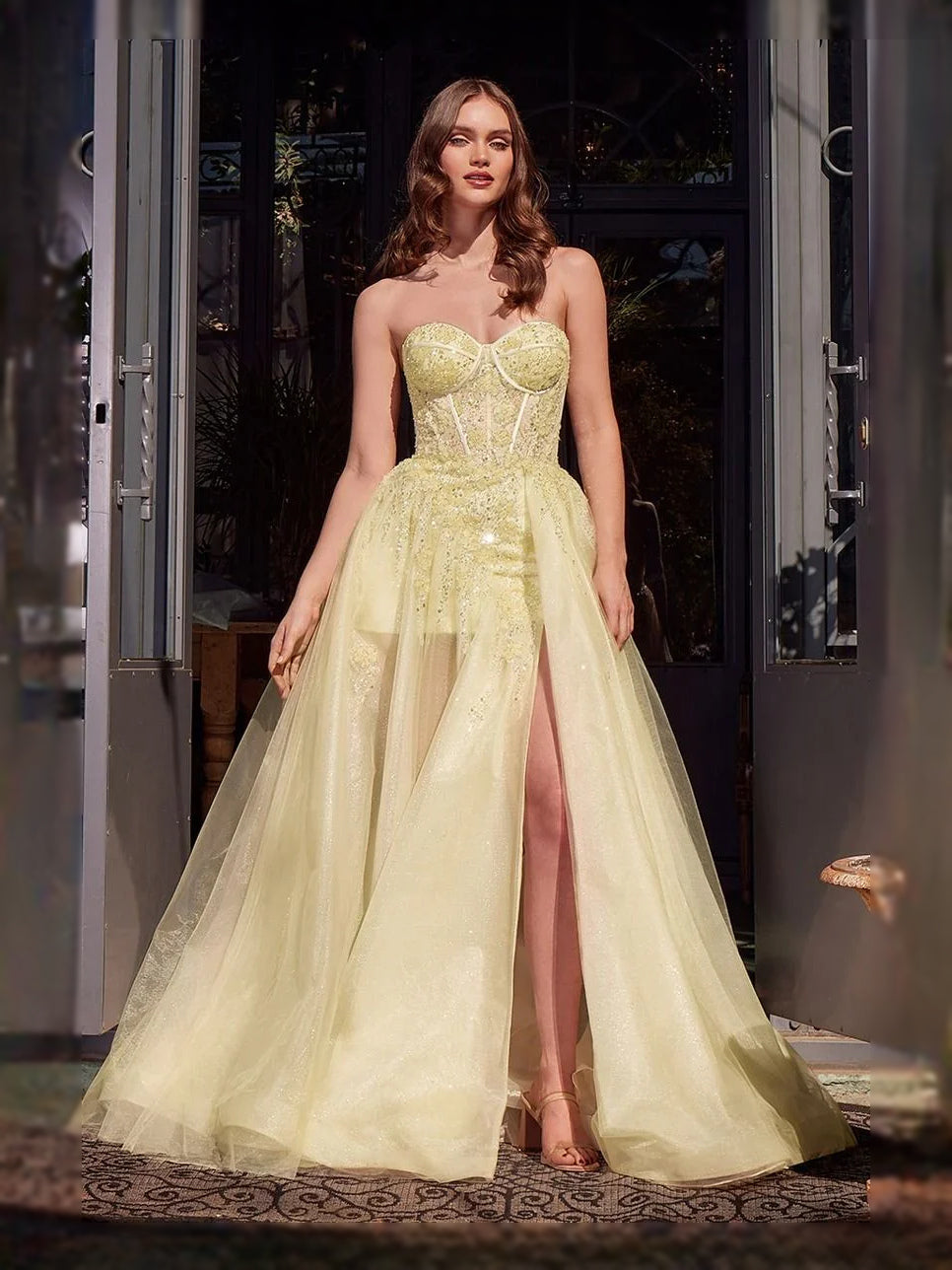 Corset Front-Slit Floral Slit Sweetheart Ball-Gown Floor-Length Tulle Prom Dress for Special Occasion