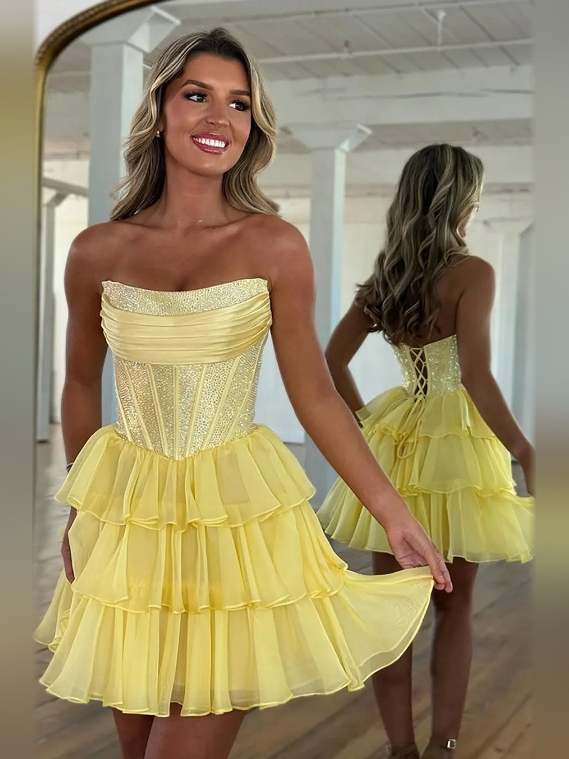 Ruched Corset Ruffled Strapless A-Line Short Chiffon Homecoming Dress for Club Formal