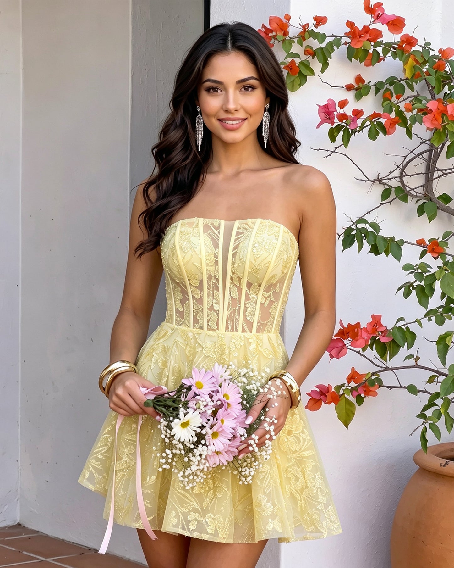 Strapless Floral Lace Corset A-Line Mini Homecoming Dress