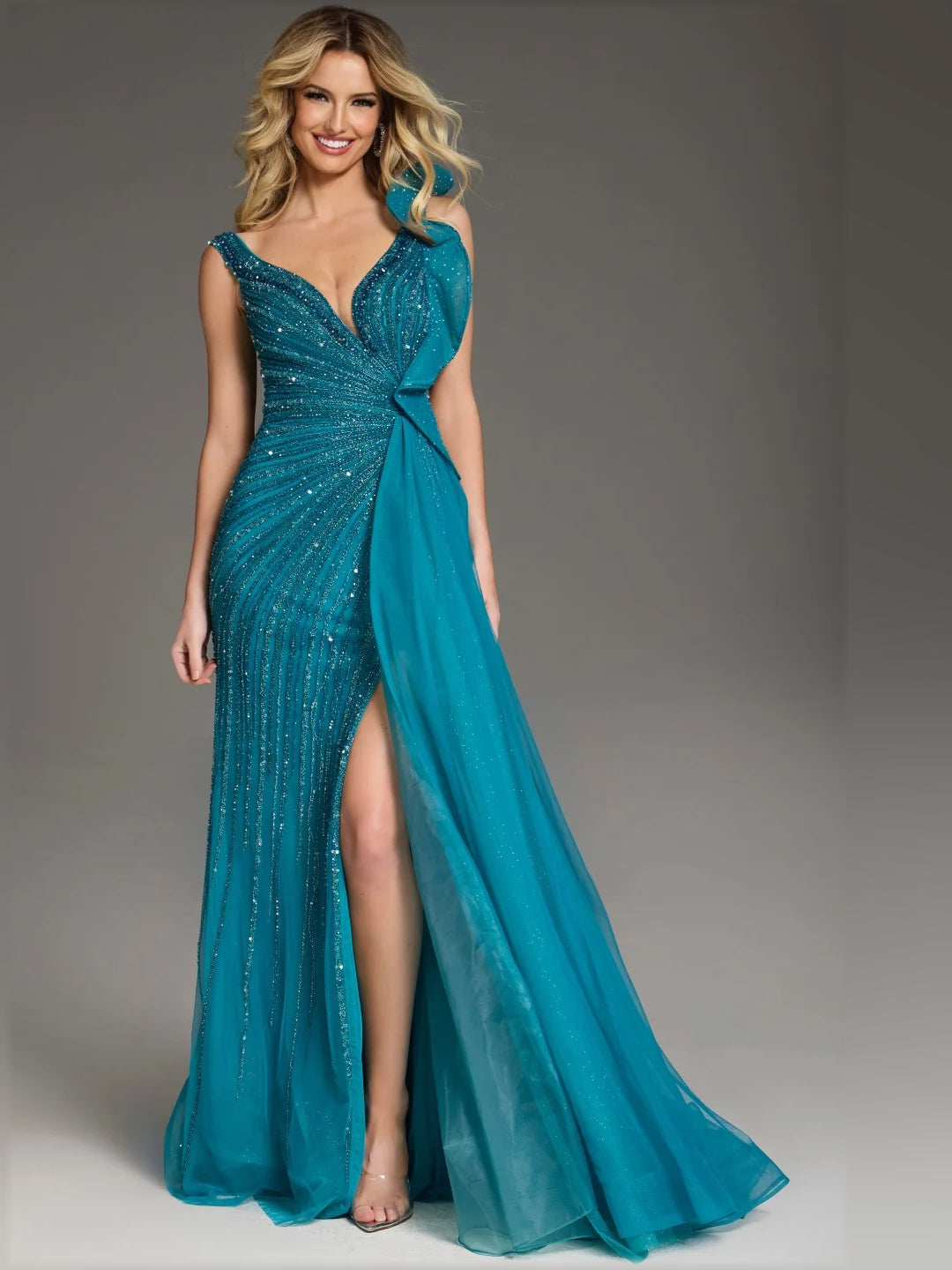 V Neck Ruffles Slit Floor-Length Glamorous Formal Dress