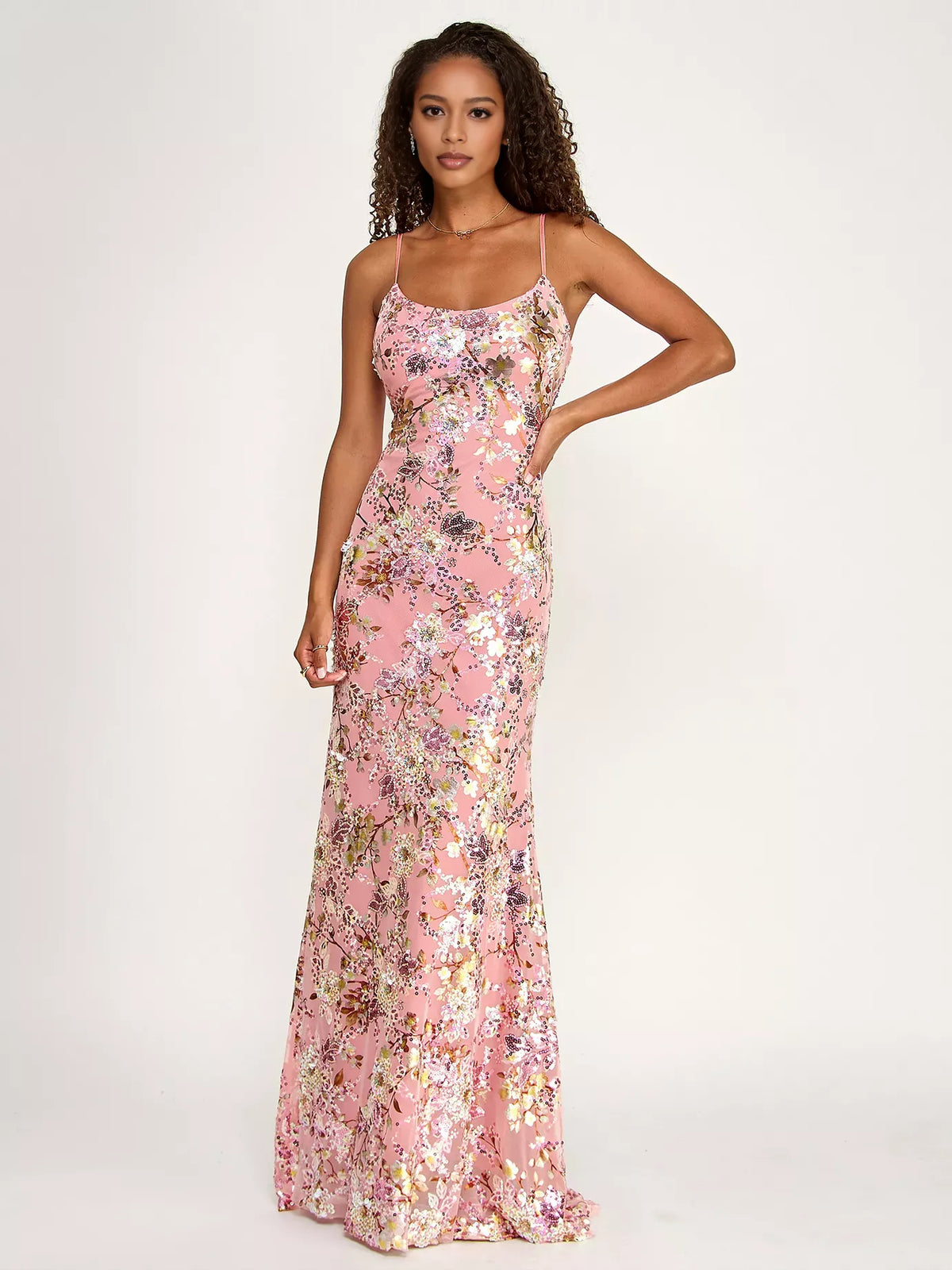 Scoop-Neck Floral Sequin Open-Back Mermaid Formal Dress