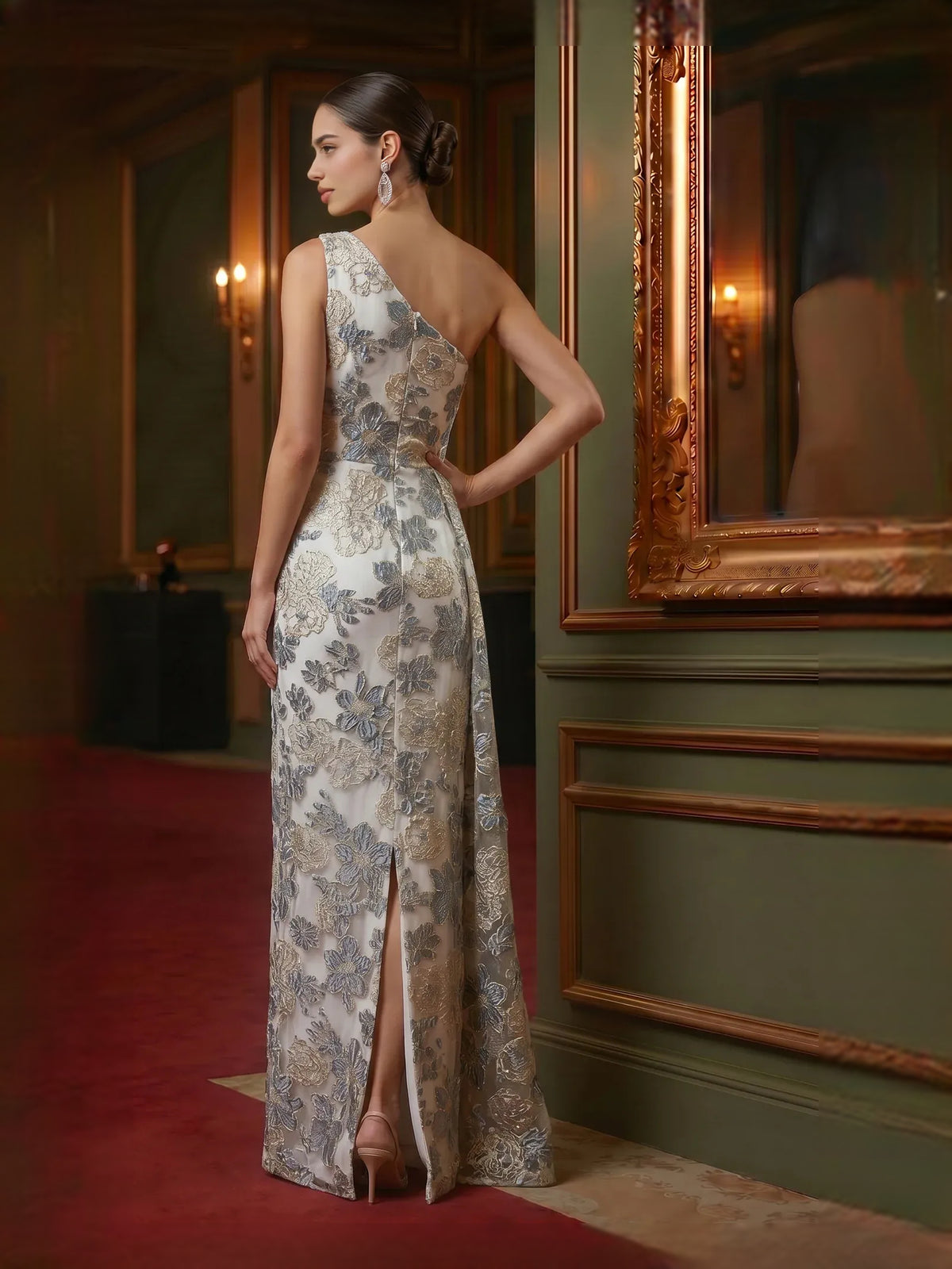 Draped Back-Slit Floral Slit One Shoulder Sheath Floor-Length Mother of the Bride Dress for Destination Wedding