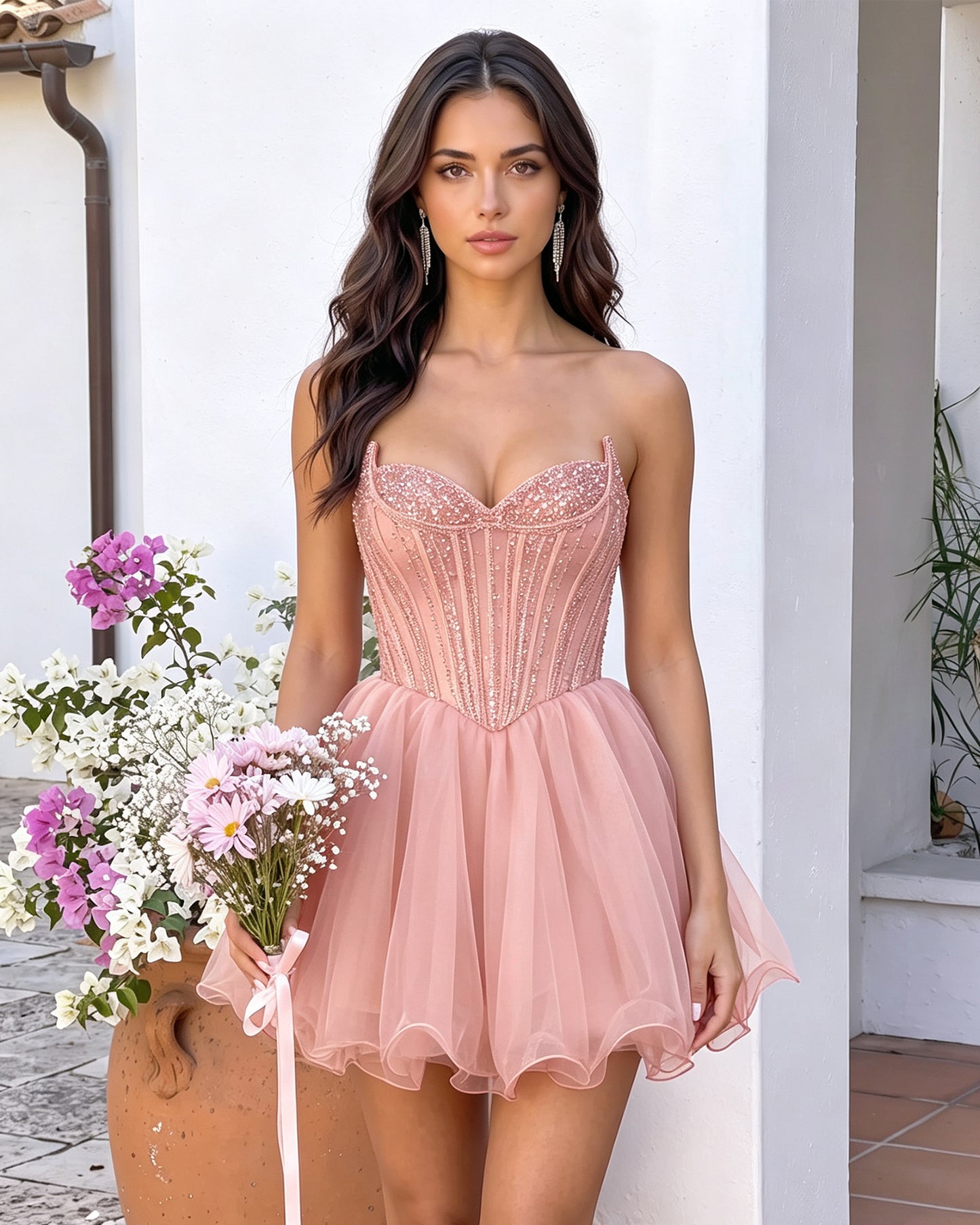 Strapless Sweetheart Beaded Corset Tulle A-Line Mini Homecoming Dress