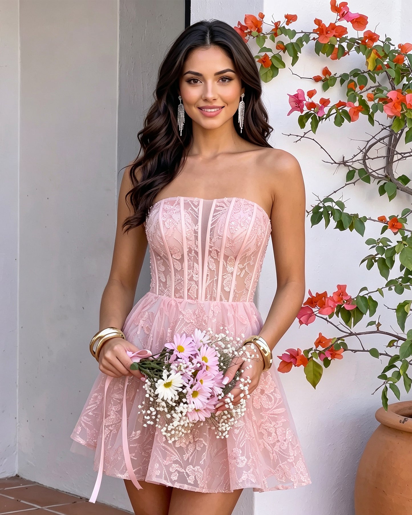 Strapless Floral Lace Corset A-Line Mini Homecoming Dress