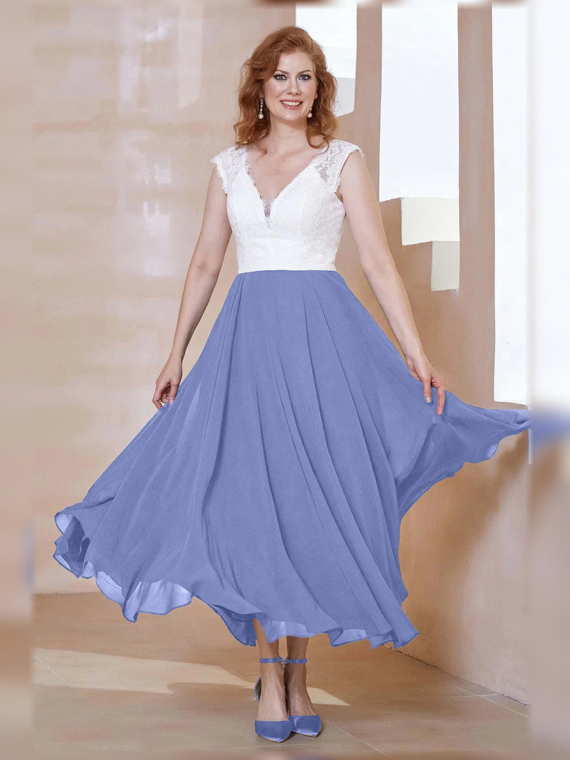 V Neck A-Line Midi Chiffon Mother of the Bride Dress for Ceremony Dinner