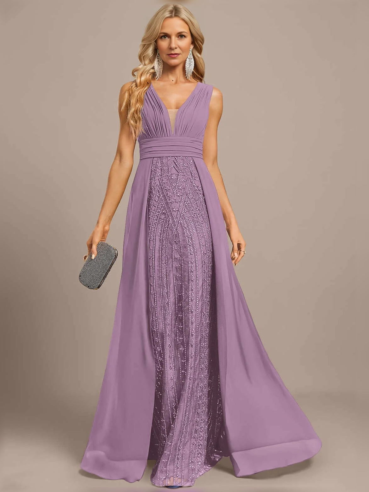 Pleated Embroidered V Neck A-Line Maxi Chiffon Mother of the Bride Dress for Evening Reception