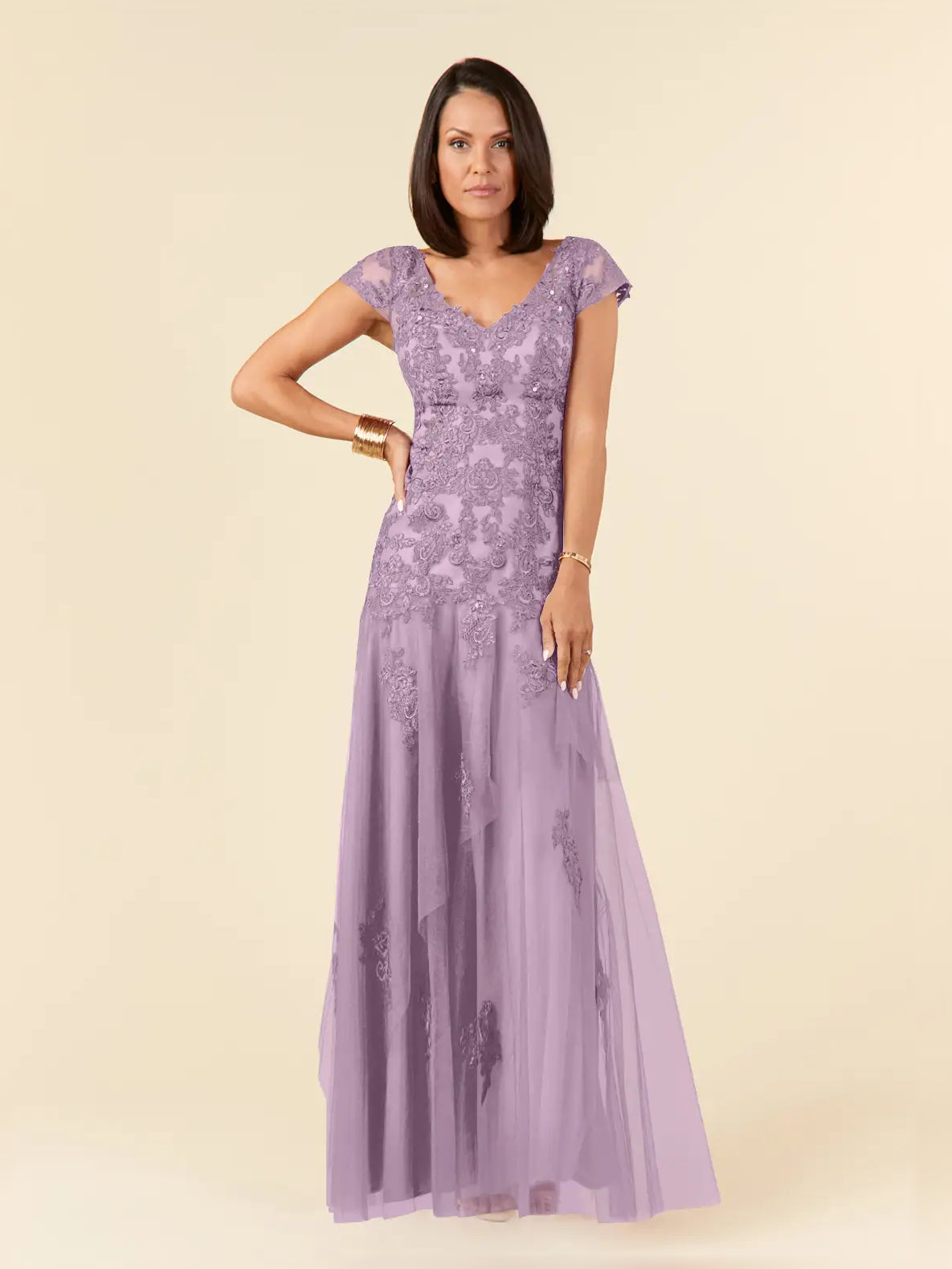 Draped Embroidered Floral V Neck A-Line Floor-Length Tulle Mother of the Bride Dress for Wedding Dinner