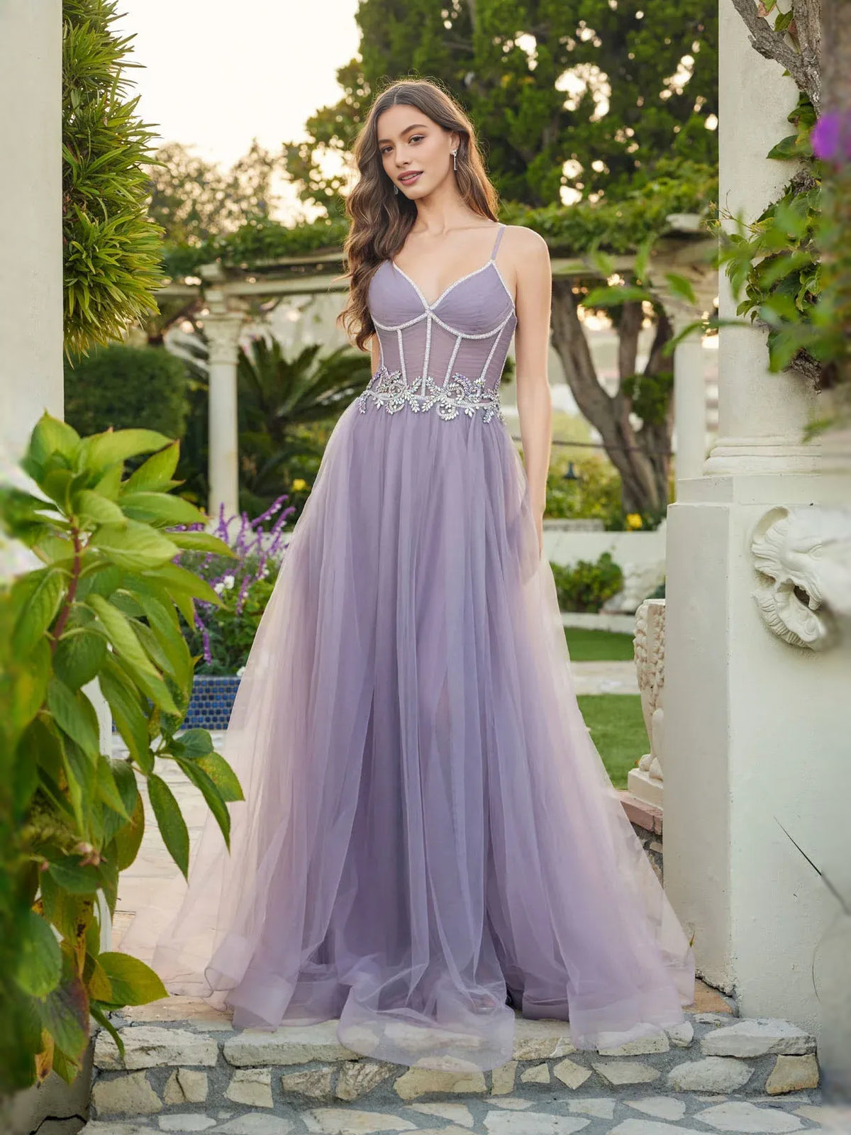 Corset Beaded Floral Slit Sweetheart A-Line Floor-Length Tulle Prom Dress for Senior Prom
