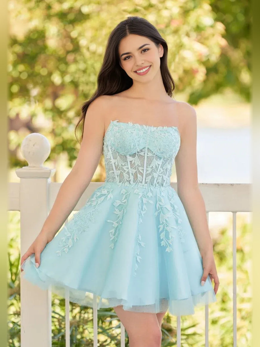 Corset Layered Floral Strapless A-Line Mini Tulle Homecoming Dress for Wedding Dinner