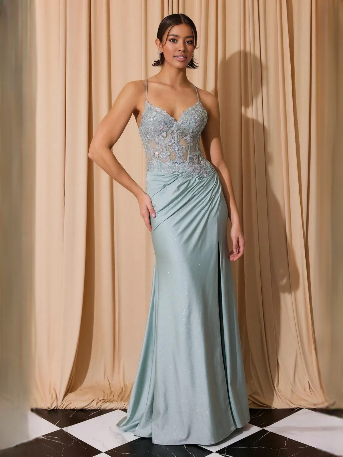 Floral Print Sweetheart Spaghetti Strap Floor-Length Shimmering Formal Dress