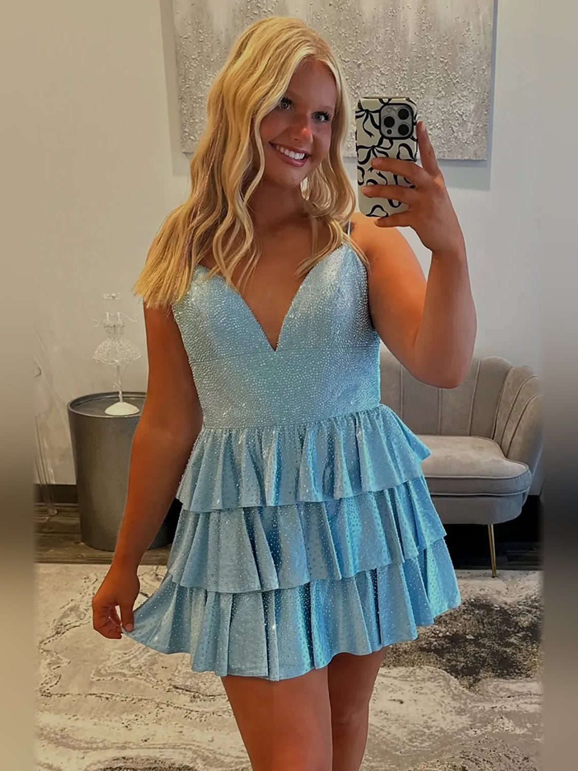 Tiered Ruffled V Neck A-Line Short Velvet Homecoming Dress for Wedding Dinner