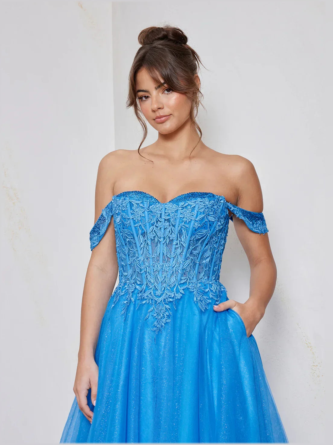 Corset Glitter Off Shoulder A-Line Maxi Tulle Prom Dress for Spring Formal
